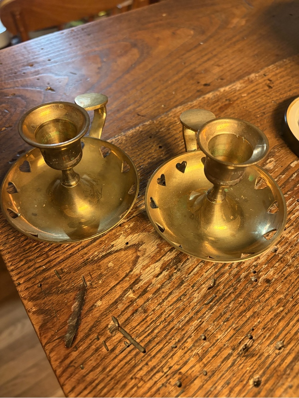 Brass Heart Accent Chamberstick Candle Holders - Set of 2
